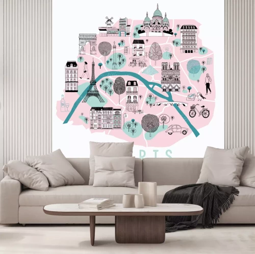 Sticker Karikaturkarte von Paris mit Legenden-Ikonen. Druckdesign