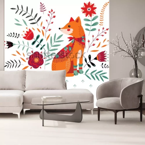 Sticker Tiere Wald Rotfuchs und rote Blumen