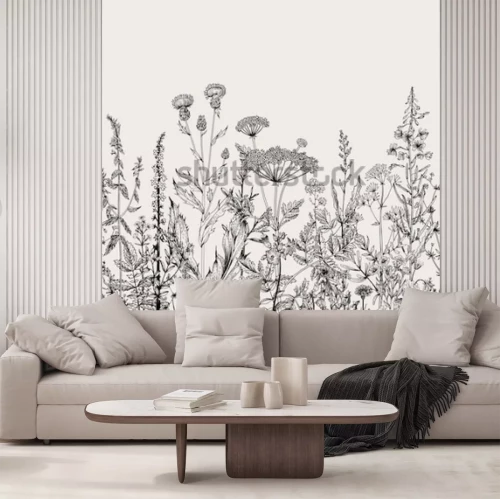 Sticker Vektor nahtlose Blumengrenze. Kräuter und wilde Blumen. Botanische Illustration Stich Stil. Schwarz und weiß