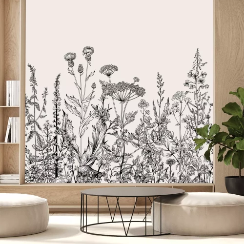 Sticker Vektor nahtlose Blumengrenze. Kräuter und wilde Blumen. Botanische Illustration Stich Stil. Schwarz und weiß