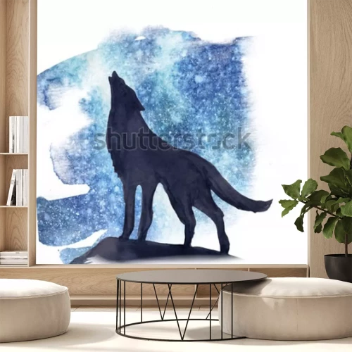 Sticker Tiere Wald heulender Wolf und Aquarellhimmel
