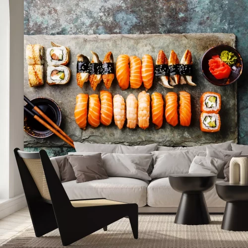 Fototapete Sushi auf einem Schiefertablett