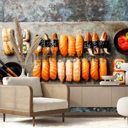 Fototapete Sushi auf einem Schiefertablett