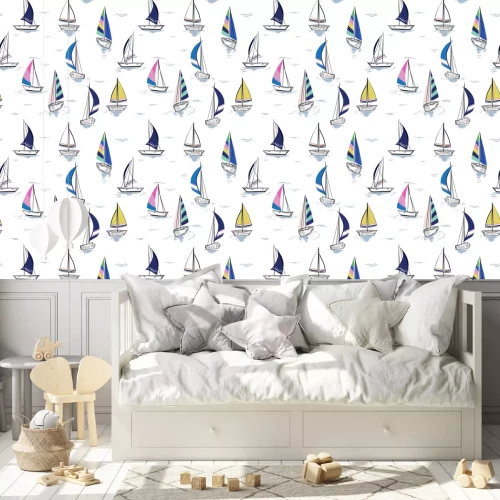 Tapete Hand drawing  sketch Seamless summer sea pattern with sailing ships on white background.