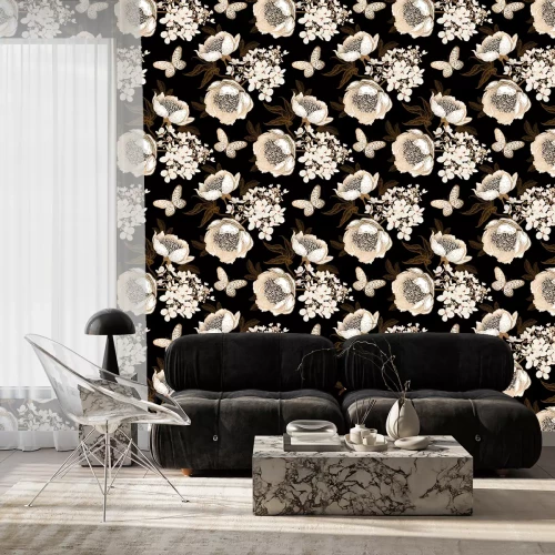 Tapete Blütenblätter und Schmetterlinge in Brauntönen