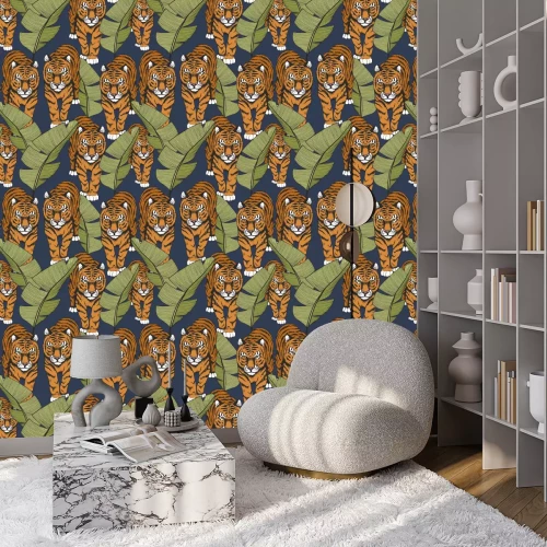 Tapete Tiger in tropical leaves. Seamless pattern with tiger and banana leaves
