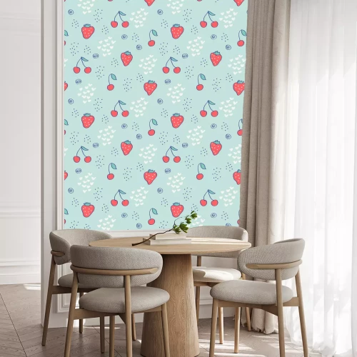 Tapete Rote kleine Früchte auf blauem Hintergrund