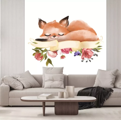 Sticker Aquarell Fuchs auf Band und Blumen