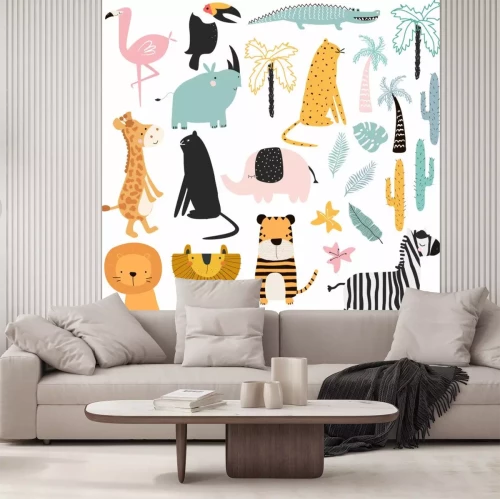 Sticker Set of cartoon African animals and plants. Vector hand drawn illustration. 