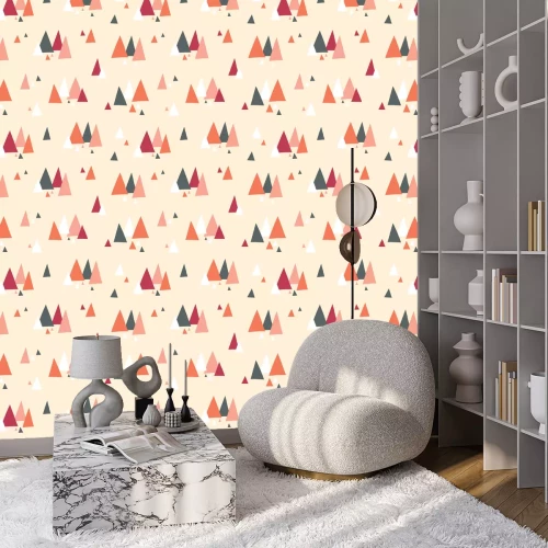 Tapete Nahtloses Vektormuster des Dreieckgebirges im skandinavischen Stil. Dekorativer Hintergrund mit Landschaftselementen. Abstrakte Textur grau, koralle, rot, beige, weiß. Verwendung für Stoff, digitales 