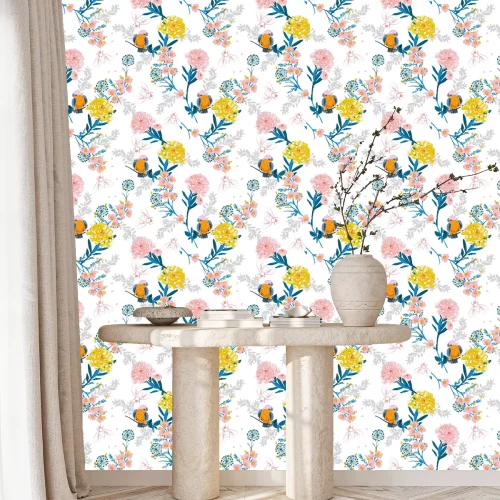 Tapete Bunte Vögel und rosa Blumen im orientalischen Stil