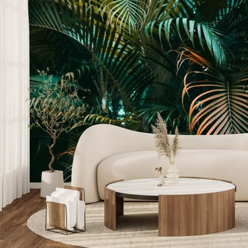 Fototapete Deep dark green palm leaves pattern. Creative layout, horizontal