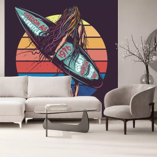 Sticker Original vector illustration, in retro neon style, girl going to the sea, with surfing in hand.