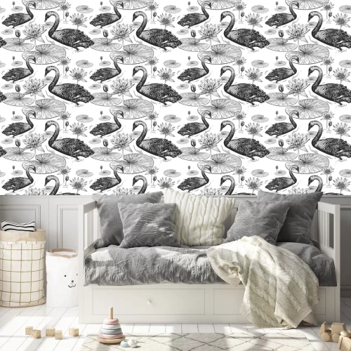 Tapete Monochrome Schwäne und Lilien im orientalischen Stil