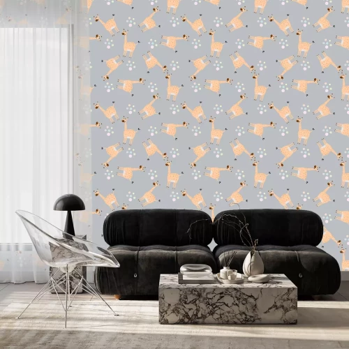 Tapete Für Kinder fröhliche Giraffen auf grauem Hintergrund