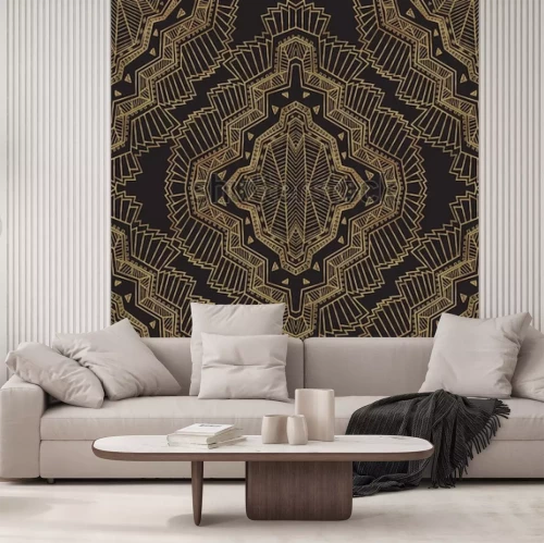 Sticker Geometrischer abstrakter Vektor ohne Art-Deco-Muster mit handgezeichneter Raute aus Gold und Schwarz, ethnischen Eskimo-Ornamenten, Zickzack-Spitzenstreifen. Fantasie Textildruck. Geschenkpapier. Mal