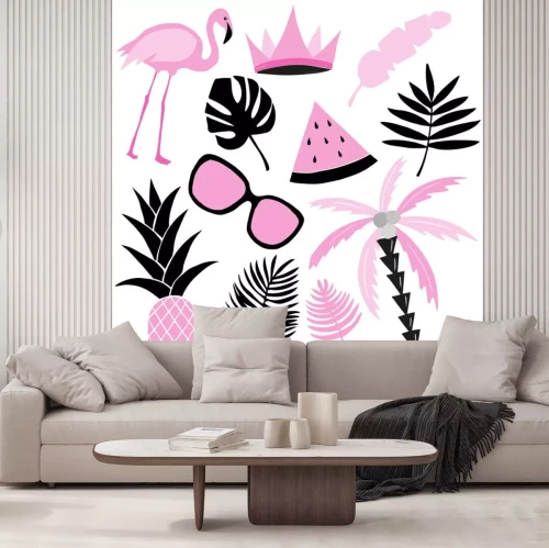 Sticker Flamingo mit Palmen und Früchten