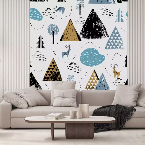 Sticker Nahtloses Muster mit einer Berglandschaft, einem René und einem Wald. Perfekt für Karten, Einladungen, Tapeten, Banner, Kindergarten, Baby-Dusche, Kinderzimmerdekoration. Skandinavische Landschaft.