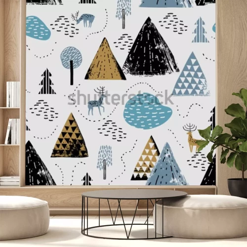 Sticker Nahtloses Muster mit einer Berglandschaft, einem René und einem Wald. Perfekt für Karten, Einladungen, Tapeten, Banner, Kindergarten, Baby-Dusche, Kinderzimmerdekoration. Skandinavische Landschaft.