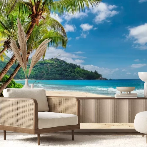 Fototapete Beautiful beach with palms and turquoise sea in Jamaica island.