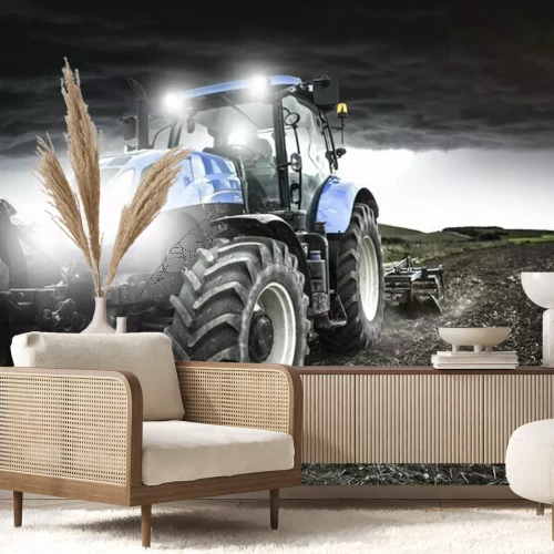 Fototapete 3d-Traktor in der Abenddämmerung auf dem Feld