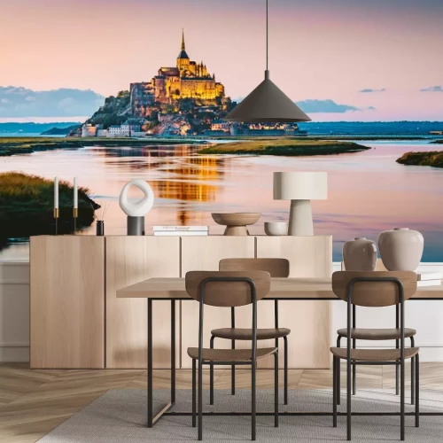 Fototapete Landschaft mit einem Schloss vor dem Sonnenuntergang