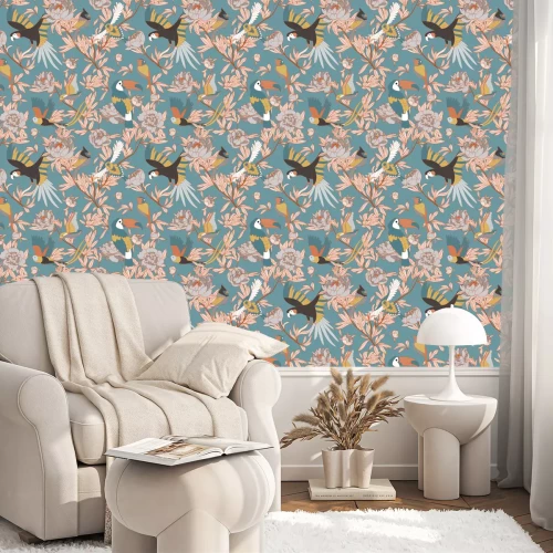 Tapete Blumen und bunte Papageien blauer Hintergrund