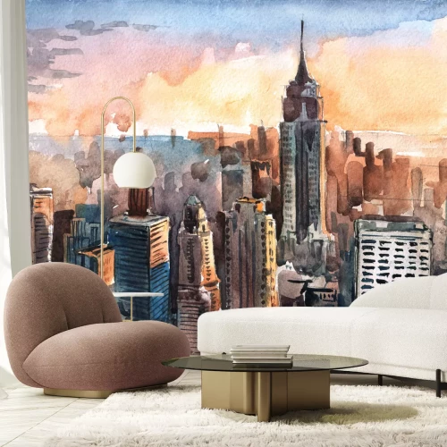 Fototapete Aquarell von Manhattan-Wolkenkratzern bei Sonnenuntergang - New York City ragt hoch