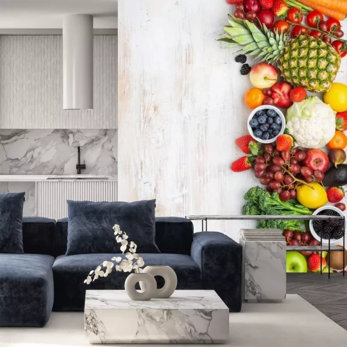 Sticker Obst und Gemüse auf der Hälfte des Tisches