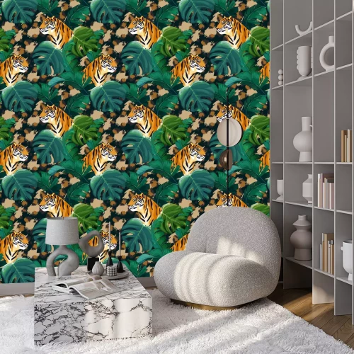 Tapete Tropical seamless pattern with tiger. Animal background. Vector illustration
