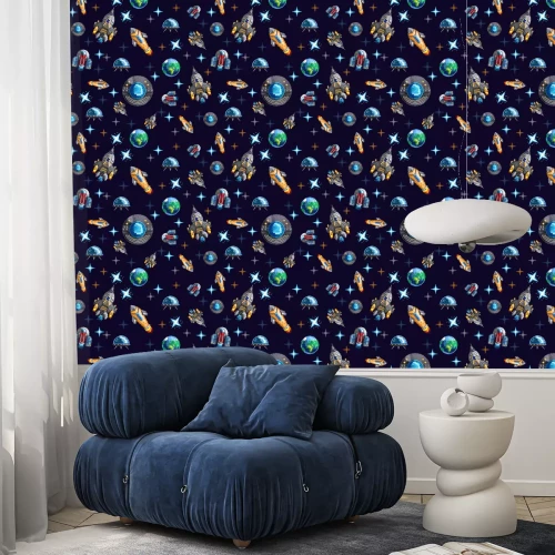 Tapete Nahtloser Hintergrund mit Pixel fliegenden Weltraumraketen und Schiff unter Planeten