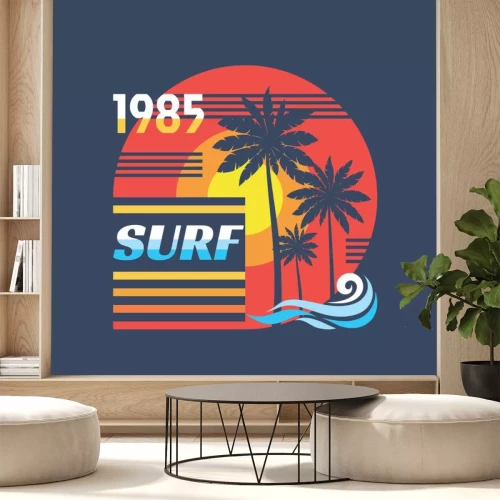 Sticker Surf - vector illustration concept in vintage graphic style for t-shirt and other print production. Palms, sun. Badge logo design. 80's style retro California beach.