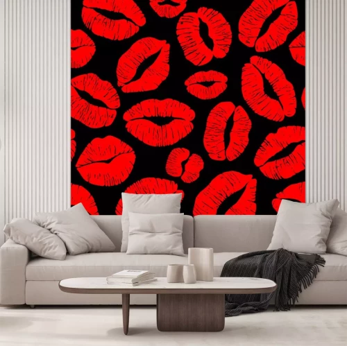 Sticker Red lips print isolated on black background.