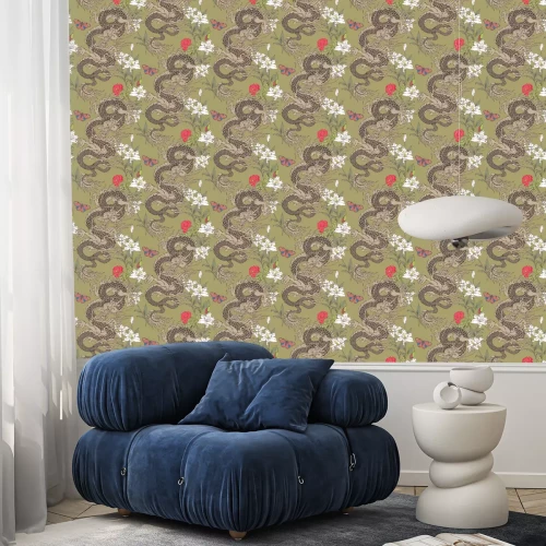 Tapete Orientalischer Stil mit asiatischen Drachen und Blumen