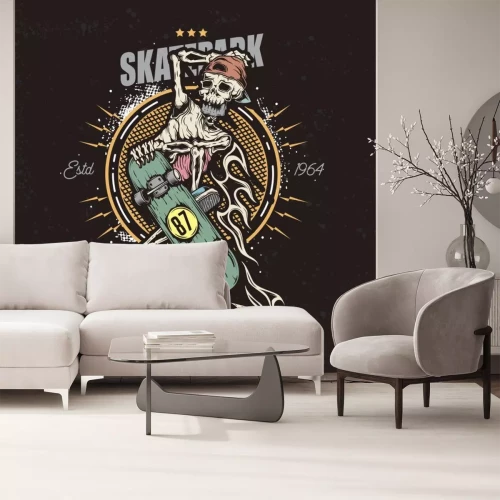 Sticker The skeleton doing a trick on a skateboard