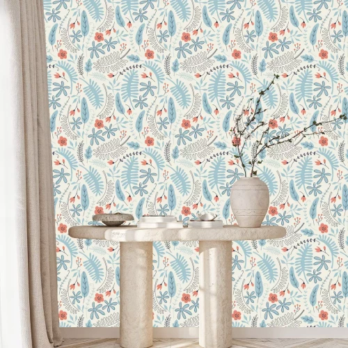 Tapete Vintage skandinavische Blumen und Blätter
