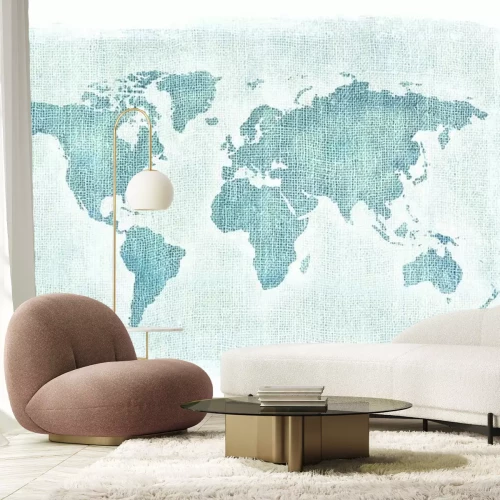 Fototapete Textured illustration of map of the world with burlap linen background. White edges. Vintage style with stained edges.