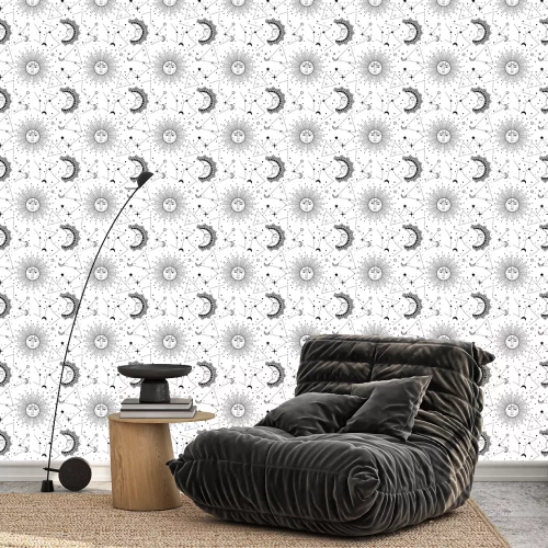 Tapete Bohemian seamless pattern with sun, moon, stars and constellation. Vintage style. Gypsy and hipster vector illustration. Astronomy and astrology symbol.