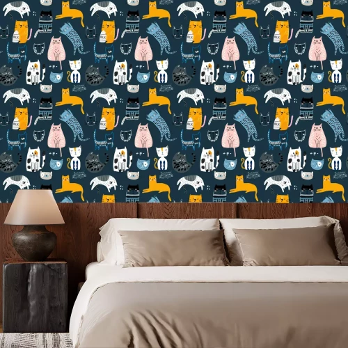 Tapete Seamless pattern with cute Kittens in diferent style. Creative childish texture. Great for fabric, textile Vector Illustration