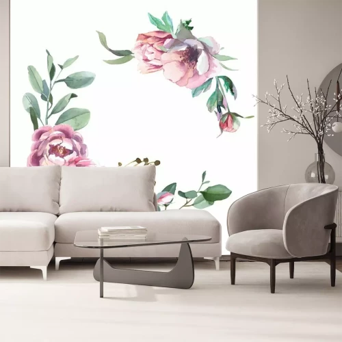 Sticker Watercolor frae of peony and blosom flowers isolate in white background for wedding, invitation, valentine cards and prints