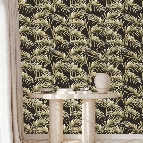 Tapete Beige Palmblätter auf dunklem Hintergrund