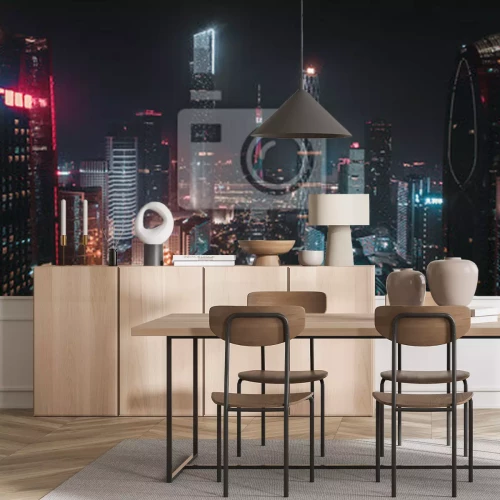 Fototapete Ein Stadtpanorama mit beleuchteten Wolkenkratzern