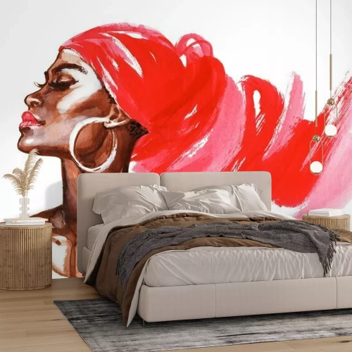 Sticker Watercolor beauty african woman. Painting fashion illustration. Hand drawn portrait of pretty girl on white background