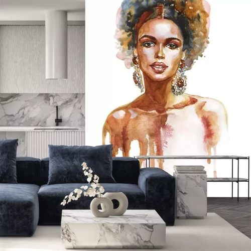 Sticker Watercolor beauty african woman. Painting fashion illustration. Hand drawn portrait of pretty girl on white background