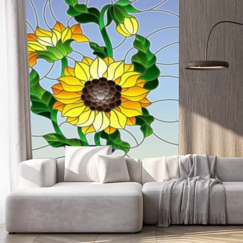 Sticker Illustration in stained glass style with floral still life, a bouquet of sunflowers in a purple vase on a blue background