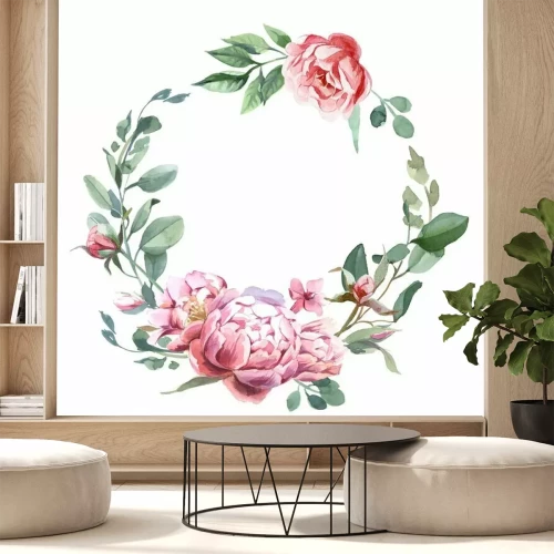 Sticker Watercolor frae of peony and blosom flowers isolate in white background for wedding, invitation, valentine cards and prints