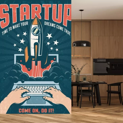 Sticker A rocket taking off from a laptop. Vintage retro poster with a dark background. Startup concept. Vector illustration. Worn texture on separate layer.