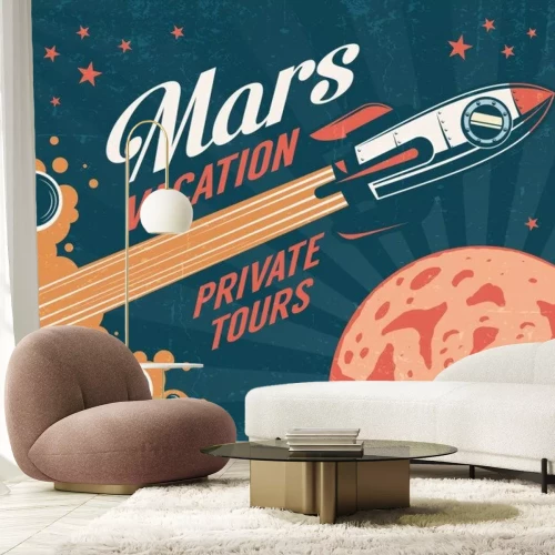 Sticker Vintage poster - rocket flies to the planet Mars. Worn texture on a separate layer.