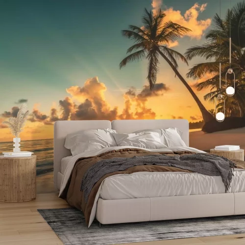 Fototapete Tropical beach in Punta Cana, Dominican Republic. Palm trees on sandy island in the ocean.