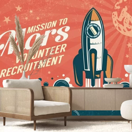 Sticker Eine Grafik mit einem Raketenstart und einer Inschrift im Retro-Stil